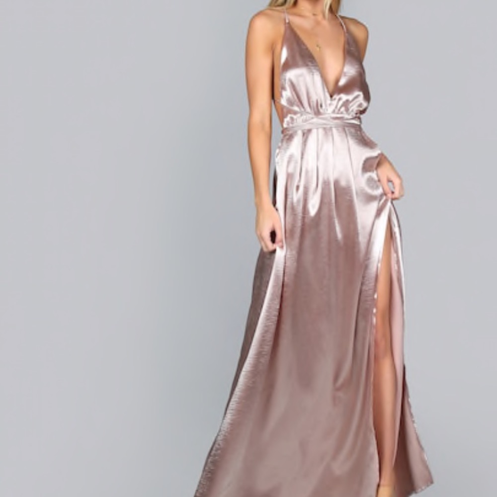 Silky Rose Gold Low Cut Prom Dress W Slit